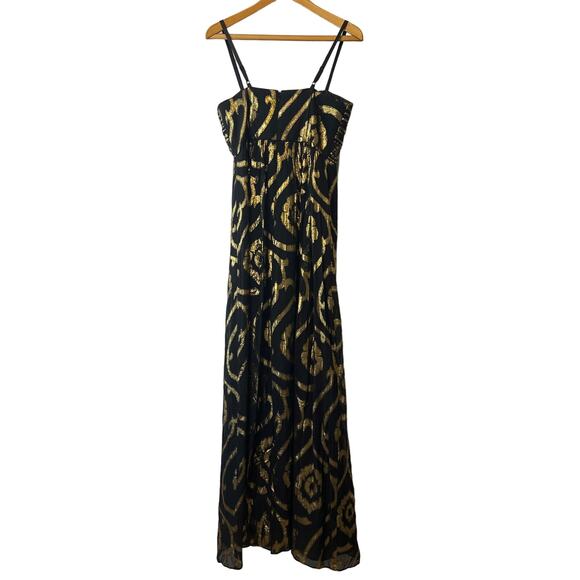 Oleg Cassini Black & Gold Silk Blend Maxi Dress with Beaded Waist Size 4 - Picture 2 of 11